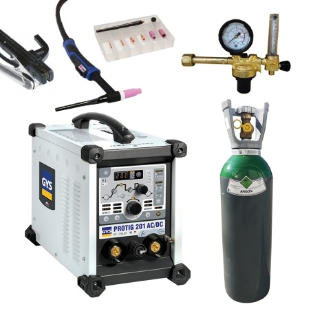 PACK: Equipo de soldadura GYS PROTIG 201 AC DCHF - antorcha SR26DB 4m + Regulador + Gas