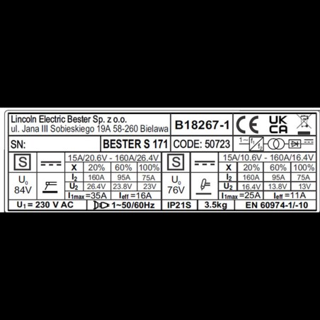 LINCOLN - B18267-1 Equipo de soldar inverter Bester S171