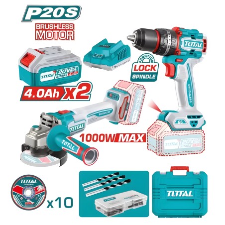 Pack taladro percutor + amoladora brushless a batería TCKLI20273E | 20 V