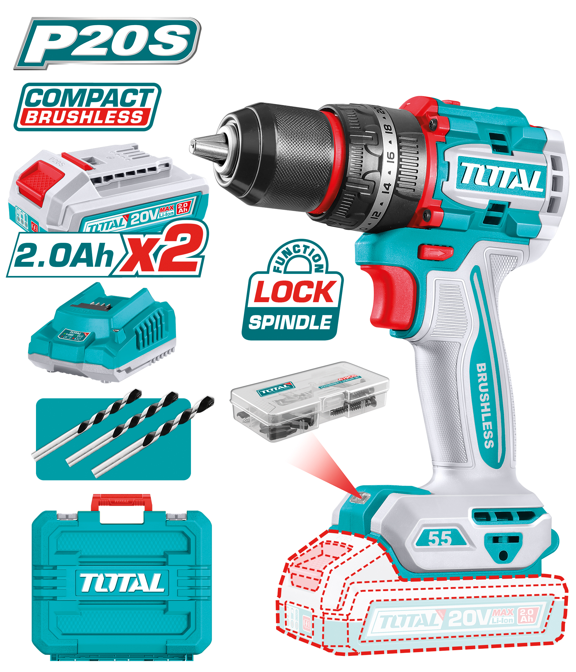 Taladradora de percusión brushless a batería TIDLI20558 | 20 V