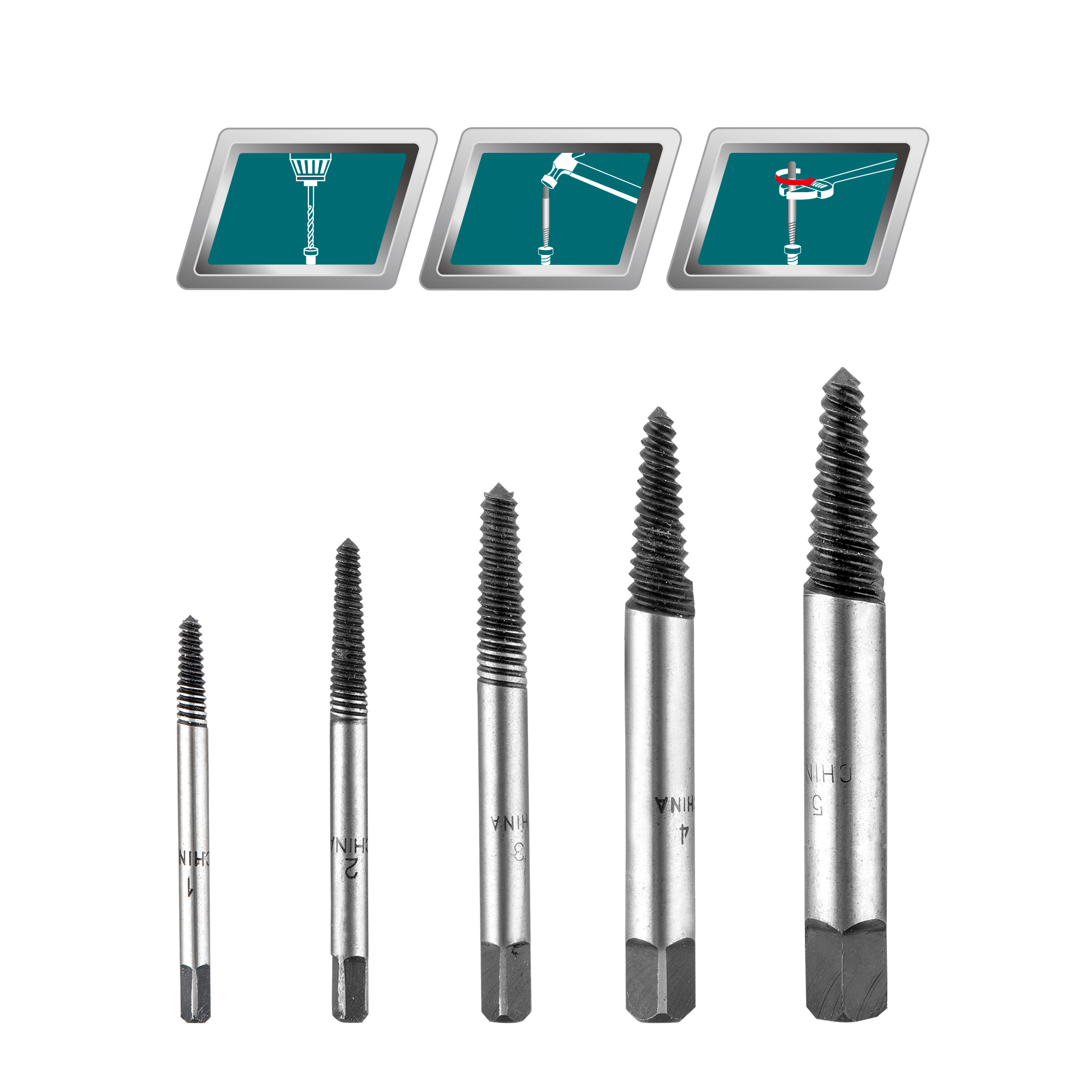 Juego de 5 brocas extractoras de tornillos TACSE0056 | HSS