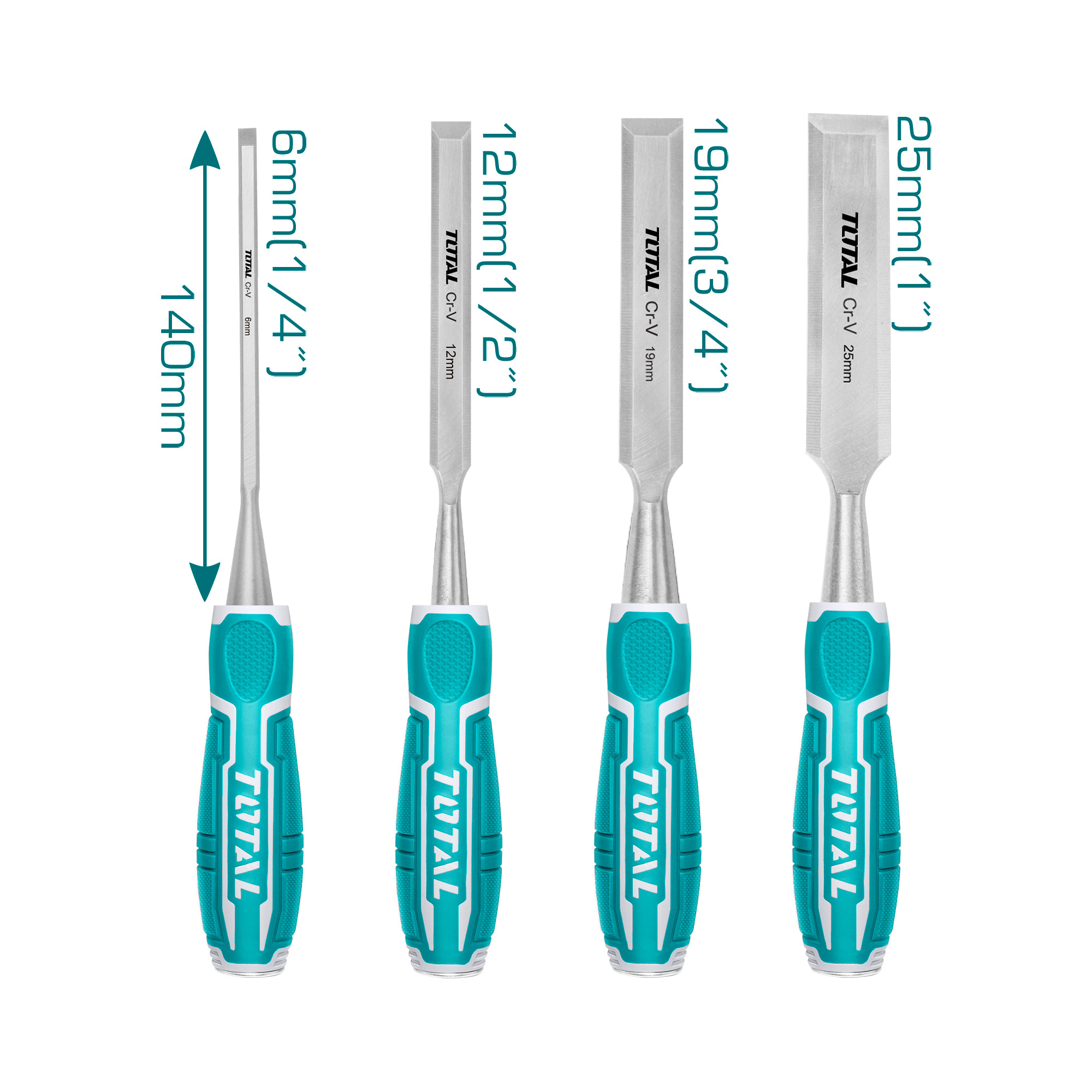 Set of 4 wood chisels THT41K0401 | 140 mm | Chrome-vanadium (Cr-V)